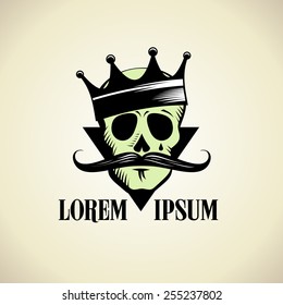 Hipster skull with crown graphic symbol.