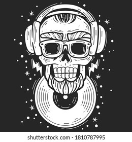 hipster skull dj music emblem. Silhouette head vector isolated illustration. Brutal bearded face white on a black background