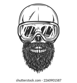 Hipster skull in glasses construction with beard and mustache isolated on white background monochrome illustration