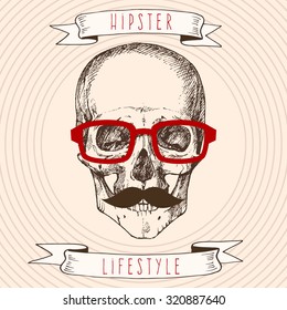 Hipster skull with glasses and mustache; vector hipster lifestyle poster