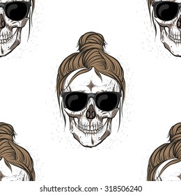 Hipster skull with glasses.Seamless pattern background.