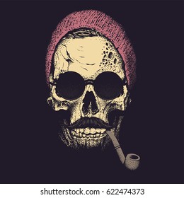 Hipster skull, hipster hair and winter hat, smoking pipe and glasses