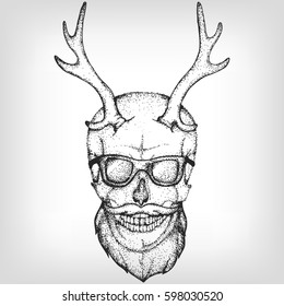 Hipster skull with horns, sun glasses and a beard. Vector illustration, print