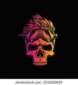 Hipster skull with motorcycle glasses and trendy hairstyle. Original vector illustration in vintage style. Hand drawn, not AI