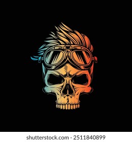 Hipster skull with motorcycle glasses and trendy hairstyle. Original vector illustration in vintage style. T-shirt design. Hand drawn, not AI