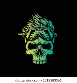 Crânio Hipster com óculos de motocicleta e penteado na moda. Ilustração vetorial original em estilo vintage. Design de camiseta. Desenhado à mão, não com IA