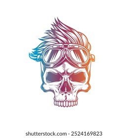 Hipster skull with motorcycle glasses and trendy hairstyle. Original vector illustration in vintage style isolated on white background. T-shirt design. Hand drawn, not AI