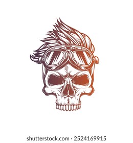 Crânio Hipster com óculos de motocicleta e penteado na moda. Ilustração vetorial original em estilo vintage isolado no fundo branco. Design de camiseta. Desenhado à mão, não com IA