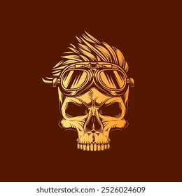 Hipster skull with motorcycle glasses and trendy hairstyle. Original vector illustration in vintage style isolated on red background. T-shirt design. Hand drawn, not AI