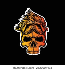 Hipster skull with motorcycle glasses and trendy hairstyle. Original vector illustration in vintage style isolated on black background. T-shirt design. Hand drawn, not AI