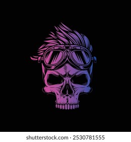Hipster skull with motorcycle glasses and trendy hairstyle. Original vector illustration in vintage style isolated on black background. T-shirt design. Hand drawn, not AI