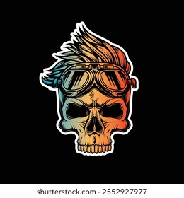 Hipster skull with motorcycle glasses and trendy hairstyle. Original vector illustration in vintage style isolated on black background. T-shirt design. Hand drawn, not AI