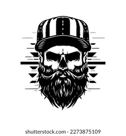 hipster skull with moustache and beard wearing hat hand drawn illustration