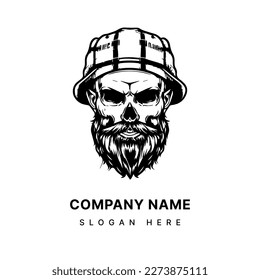 hipster skull with moustache and beard wearing hat hand drawn illustration