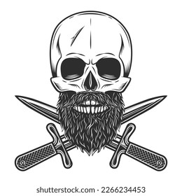 Hipster skull with mustache and beard and crossed knife dagger isolated on white background monochrome illustration