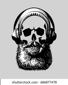 Hipster skull with mustache and beard, in headphones. Perfect for t-shirt print or tattoo. Vector illustration.