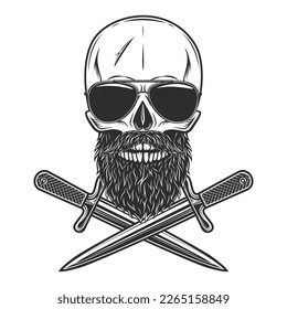 Hipster skull with mustache and beard in sunglasses and crossed knife dagger isolated on white background monochrome illustration