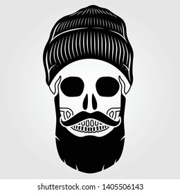 Hipster skull with mustache and beard. Vector illustration.
