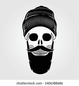 Hipster skull with mustache and beard. Vector illustration.