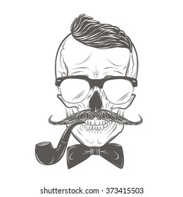Hipster skull with mustache, bow tie and smoking pipe. Skull print, skull illustration  isolated on white background. Vector mode