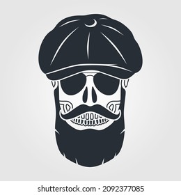 Hipster skull with mustache and bread in a Newsboy Cap and in sunglasses. Vector illustration.