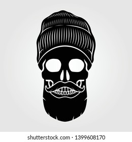 Hipster skull with mustache and bread. Vector illustration.