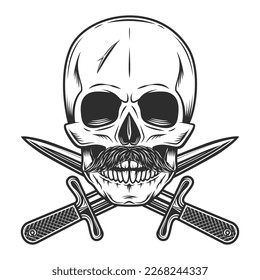 Hipster skull with mustache and crossed knife dagger isolated on white background monochrome illustration