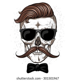 Hipster skull with mustache and glasses.White background.bow tie.