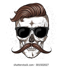 Hipster skull with mustache and glasses.White background