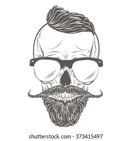 Hipster skull with mustache. Skull print, skull illustration isolated on white background. Vector mode