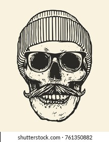 hipster skull with mustache and skullcap
