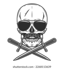 Hipster skull with mustache in sunglasses and crossed knife dagger isolated on white background monochrome illustration