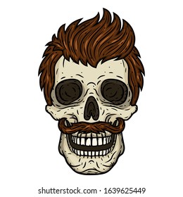 Hipster skull with mustache.  Vector skull.