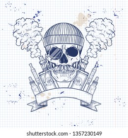Hipster skull with mustaches, electronic cigarette, vaporizer, liquid to fill and cloud of smoke on a notebook page
