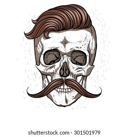 Hipster Skull With Mustache.White Background.