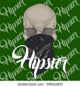HIPSTER skull print for t-shirt. Cranium modern street style attributes. Vector art.