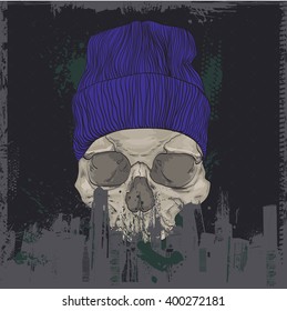 HIPSTER skull print for t-shirt. Cranium modern street style attributes. Vector art. 