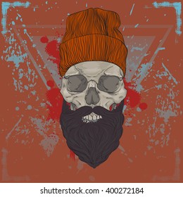 HIPSTER skull print for t-shirt. Cranium modern street style attributes. Vector art.