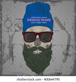 HIPSTER skull print for t-shirt. Cranium modern street style attributes. Vector art.