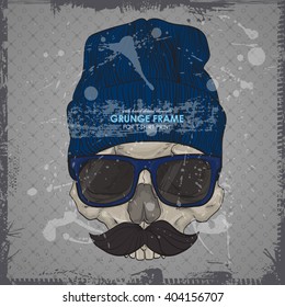 HIPSTER skull print for t-shirt. Cranium modern street style attributes. Vector art. skull with sunglasses and hat. 