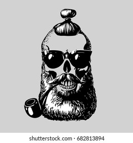 Hipster skull silhouette with a beard in glasses. Perfect for t-shirt print and tattoo. Vector illustration.