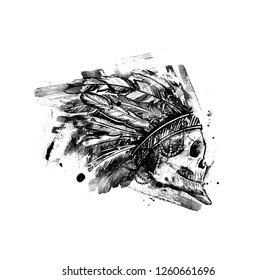 Hipster Skull Silhouette Skull indian chief in hand drawing Illustration.