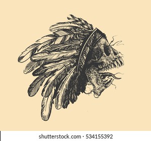 Hipster skull silhouette Skull indian chief in hand drawing.