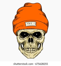 Hipster Skull Simple Wearing Orange Hat