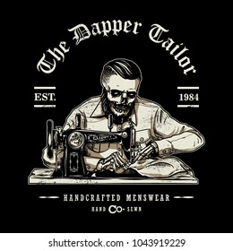 Hipster Skull sitting with sewing machine for tailor shop logo