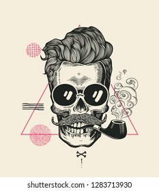 Hipster Skull Smoke Pipe Vector Illustration Print. Cool Mustache Skeleton Face in Sunglasses. Urban Modern Hair T-Shirt Print Monochrome Sailor Head Black Death Silhouette