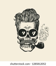 Hipster Skull Smoke Pipe Vector Illustration Print. Cool Mustache Skeleton Face in Sunglasses. Urban Modern Hair T-Shirt Print Monochrome Sailor Head Black Death Silhouette
