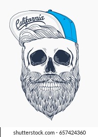 Hipster skull with snapback hat, hipster hair, mustache and beard , hand drawn illustration for t-shirt and other uses.