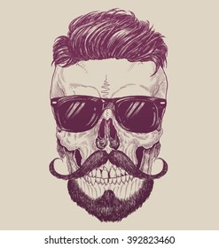 Hipster Skull With Sunglasses, Hipster Hair And Mustache