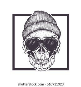 Hipster skull with sunglasses and hat. Fashion style.Vector hand drawn illustration